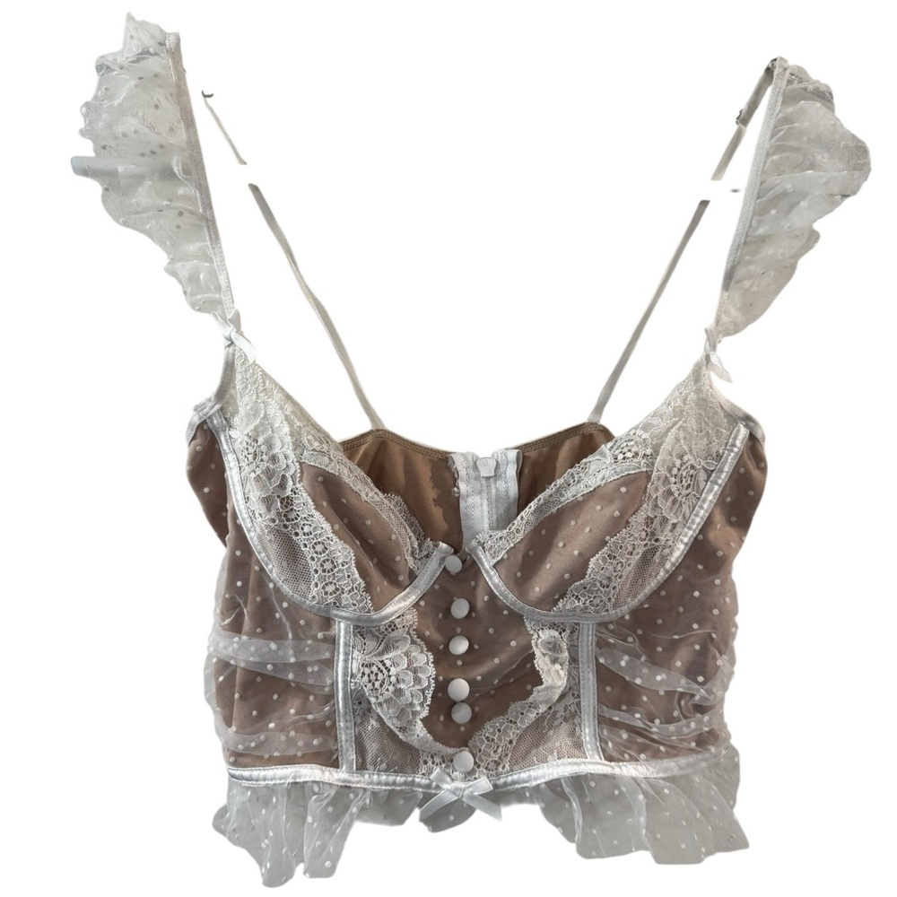SHEIN White Lace & Taupe Sheer Bustier Top